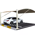 Beige Canopy Carport Supporting Poles Covering White Car On Black Parking Space With White Lines
