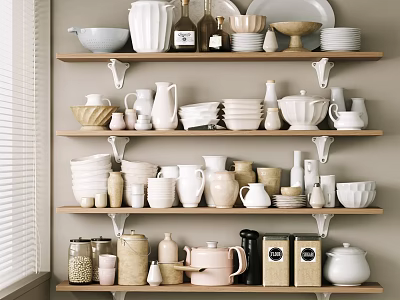 Stylish Decorative Ornament Set Featuring Ceramic Bowls Jars Plates And Vases On Shelves 3d model