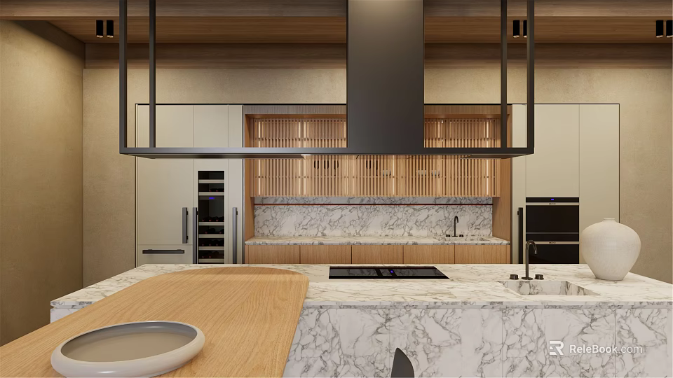 Modern Kitchen Interior With Stylish Wooden Cabinets And Marble Countertop Island 3d model 