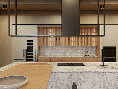 Modern Kitchen Interior With Stylish Wooden Cabinets And Marble Countertop Island 3d model