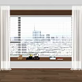 Beige Linen Curtains With Side Panels And Window Blinds Overlooking City View