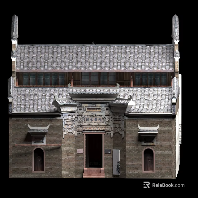 Ancient Chinese Architecture With Tile Roof Carved Door Lintel And Wooden Doors 3d model 