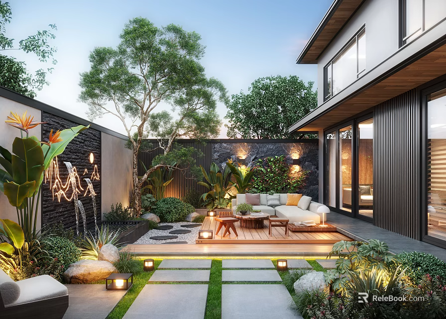 Stylish Modern Garden Area With Sofa Coffee Table Stone Pathway Lighting Green Plants And Trees 3d model 