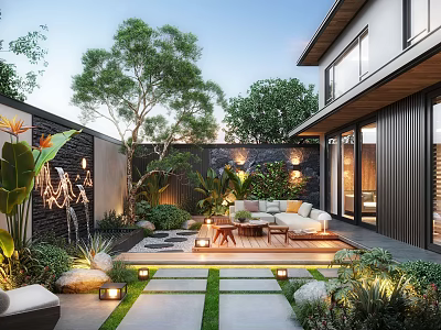 Stylish Modern Garden Area With Sofa Coffee Table Stone Pathway Lighting Green Plants And Trees 3d model