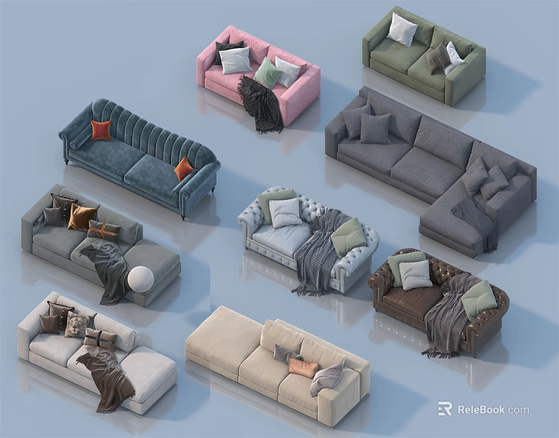 Diverse Colored Sofa Set Collection with Different Designs Cushions and Blankets 3d model 