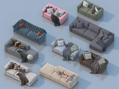 Diverse Colored Sofa Set Collection with Different Designs Cushions and Blankets 3d model