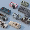 Diverse Colored Sofa Set Collection with Different Designs Cushions and Blankets