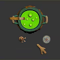 Colorful Cauldron With Green Liquid Wooden Spoon Potion Bottle Small Crab Toy And Ginger Root