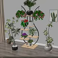Indoor Bonsai Plants Display On Multi Tiered Stand With Hanging Flowers And Greenery