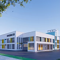 Modern School Building With White Facade Yellow Blue Accents Large Windows Green Lawn And Trees