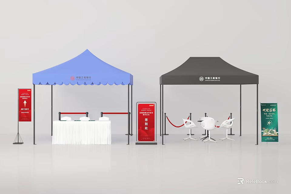 Public Facility Setup With Blue Black Tents Red Signboards White Tables And Chairs 3d model 