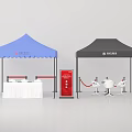 Public Facility Setup With Blue Black Tents Red Signboards White Tables And Chairs