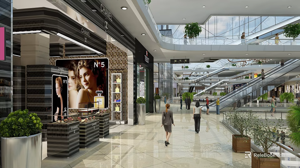 Modern Luxury Shopping Mall Interior With High End Fashion And Beauty Brand Retail Stores 3d model 