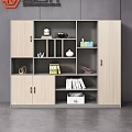 Modern Storage Cabinet With Wood Gray Doors Open Shelves Holding Camera File Folders Decorative Items