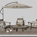 Comfortable Wooden Outdoor Chairs With Round Coffee Table And Patio Umbrella On Deck