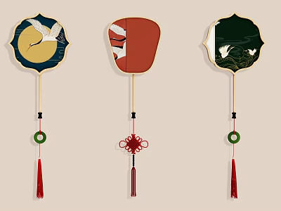 Decorative Fan Ornament Set With White Cranes Yellow Red Green Backgrounds And Tassels 3d model