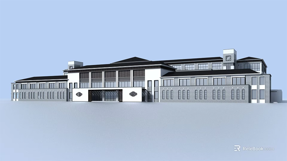 Modern Symmetrical Building With White Exterior Black Roof Clean Lines And Large Windows 3d model 