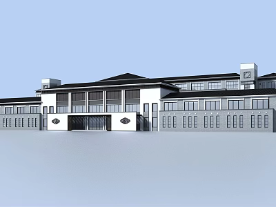 Modern Symmetrical Building With White Exterior Black Roof Clean Lines And Large Windows 3d model