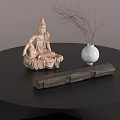 Decorative Ornament Set With Buddha Statue White Vase Dried Branches And Wooden Decor Piece On Black Tabletop