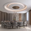 Elegant Private Dining Room Featuring Round Table Gray Chairs Circular Light Ceiling And Stone Backdrop