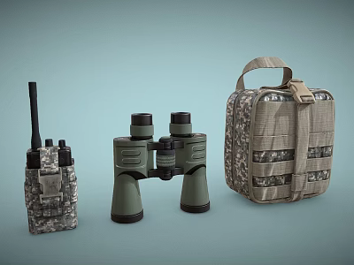 Weapons Related Military Gear With Camouflage Radio Binoculars And Tactical Pouch 3d model