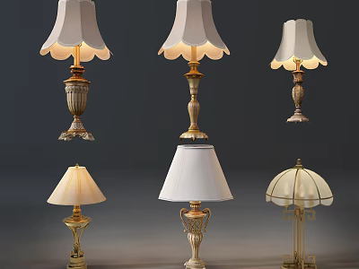 Classic Design Table Lamps With Golden Bases And Various White Lampshades 3d model