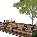 Serene Garden Landscape With Large Tree Wooden Benches And People Resting