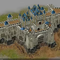 Medieval Castle with Stone Walls Blue Spires Towers Gateway Grass and Wooden Fences
