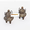 Vintage Metal Incense Burner Ornament Set with Carved Patterns Three Legs and Lids Two Piece