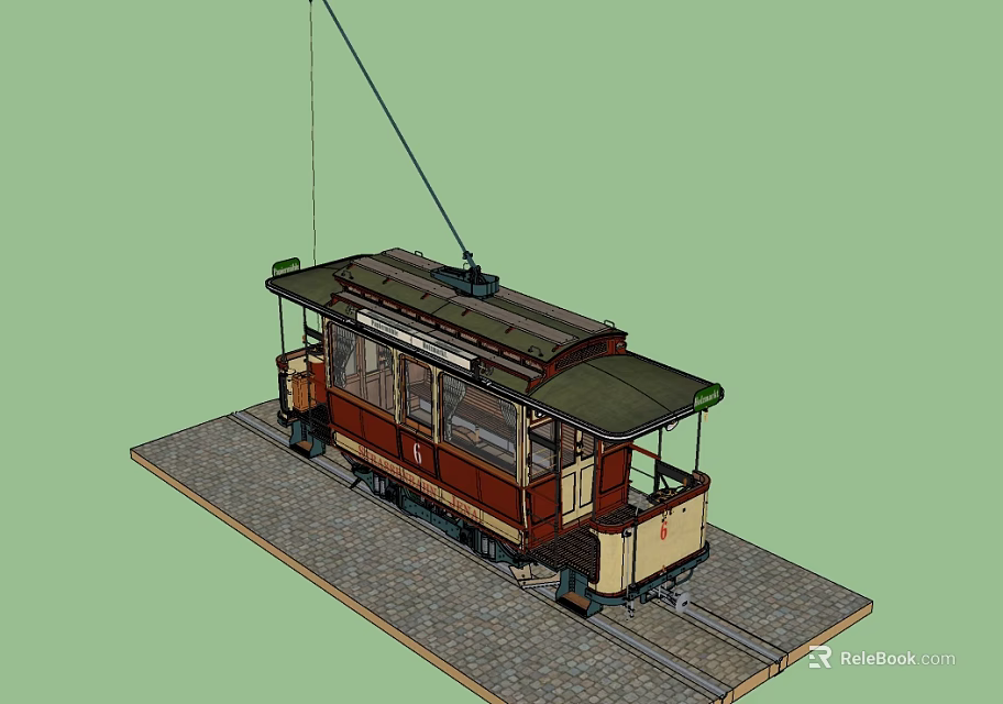 Vintage Tram on Rail Tracks with Stone Paved Ground and Roof Cable Windows 3d model 