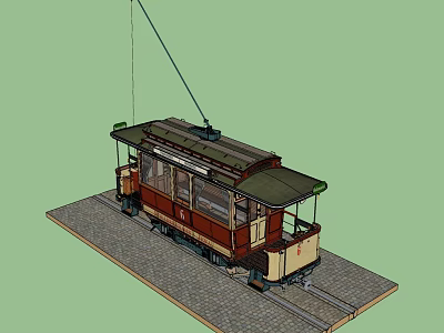 Vintage Tram on Rail Tracks with Stone Paved Ground and Roof Cable Windows 3d model