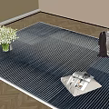 Blue Striped Square Rug with Fringe Edge Featuring White Flower Vase Woven Basket and Cloth Bag
