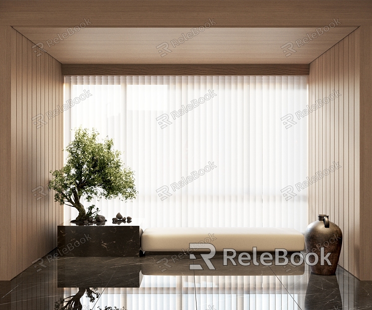 Modern Curtain Corridor Leisure Area Interior Landscape Green Plant Bench Sofa Stool Pottery Pot Dream Curtain model