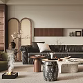 Modern Living Room Interior Design With Leather Sofa Coffee Table Area Rug And Potted Plants