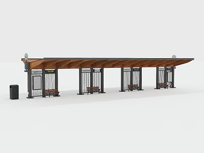 Modern Bus Station Shelter With Wooden Covered Roof Glass Panels And Benches 3d model