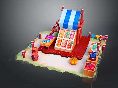 Colorful Fruit Vegetable Market Stall With Blue White Striped Awning Wooden Crate Pumpkin And Fences 3d model