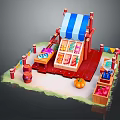 Colorful Fruit Vegetable Market Stall With Blue White Striped Awning Wooden Crate Pumpkin And Fences