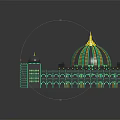 3D Architectural Model Featuring Green And Gold Central Dome With Smaller Domes And Arched Designs