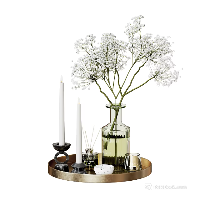 Clear Glass Vase with White Flowers on Metal Tray and Candles Home Decor 3d model 