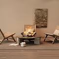 Rattan Lounge Chairs with Stone Coffee Table Fire Decorative Painting Beige Wall Wooden Floor