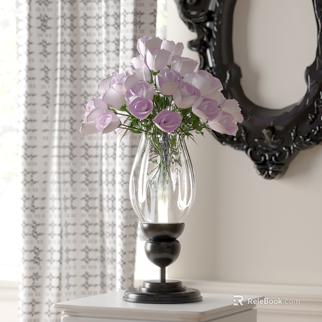 Transparent Glass Vase With Purple Roses Against White Patterned Curtain And Black Carved Mirror 3d model 