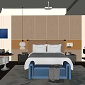 Hotel Guest Room Interior With White Double Bed Blue Bench Wooden Backdrop And Modern Decor