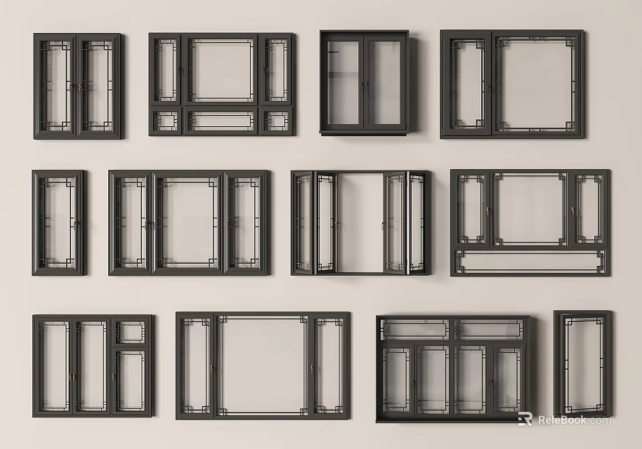 Multiple Modern Casement Window Designs Featuring Black Frames And Various Configurations 3d model