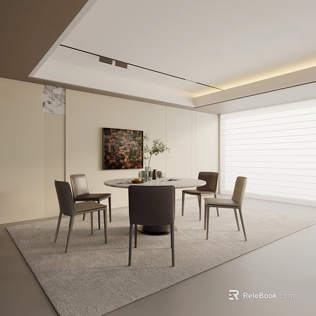 Modern Dining Table Set Four Chairs Round Table Decorative Vase Wall Art Window Blinds Interior 3d model 