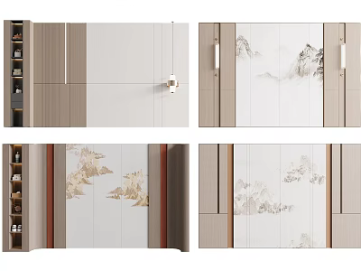 Modern Chinese Sofa Background Wall With Mountain Landscape Art And Wooden Panels 3d model