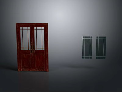 Classic Wooden Double Door With Glass Panels And Metal Handles Design 3d model