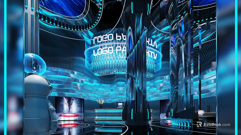 Modern Tech Inspired KTV Interior With Blue Neon Lights And Robot Decor 3d model 