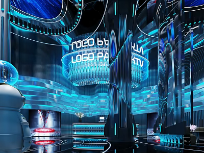 Modern Tech Inspired KTV Interior With Blue Neon Lights And Robot Decor 3d model