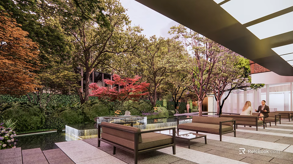 Garden Landscape With Glass Roof Outdoor Seating Water Feature And Red Maple Trees 3d model 