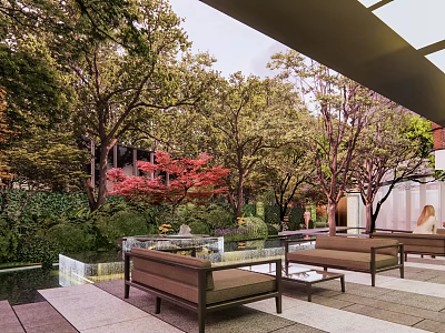Garden Landscape With Glass Roof Outdoor Seating Water Feature And Red Maple Trees 3d model